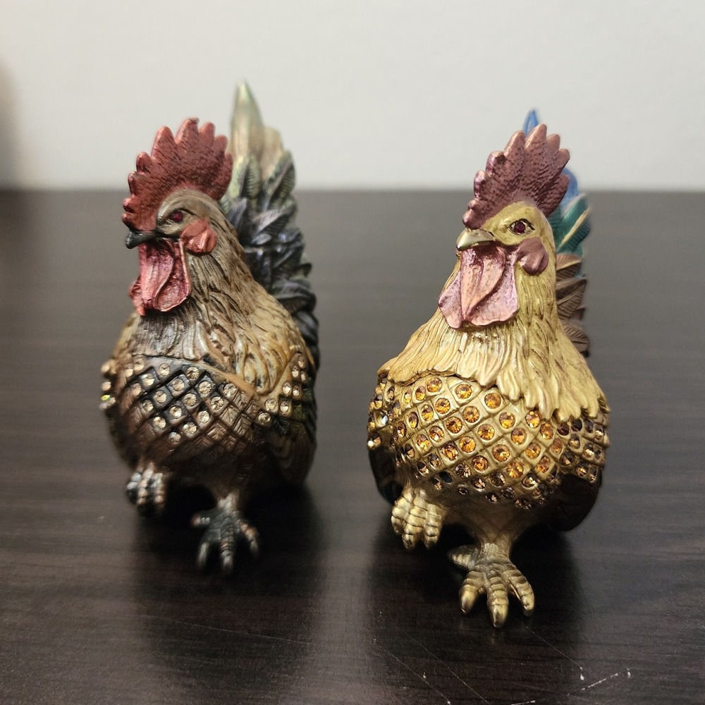 Vintage Style Bejeweled Rooster Trinket Box Pair Enamel Rhinestone Hen Figurine